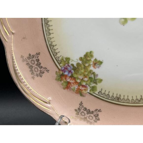 Antique German Porcelain Bowl Grapes Gold Trim Pink Rim Scalloped 12" - Picture 4 of 11